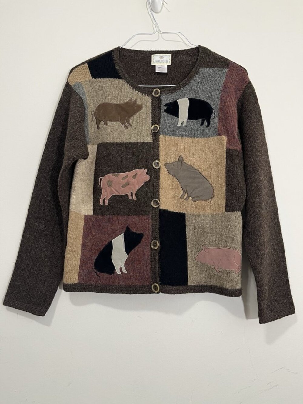 Vtg Susan Bristol Pig Hog 100% Wool Sweater Cardigan Sz S Patchwork Cottagecore